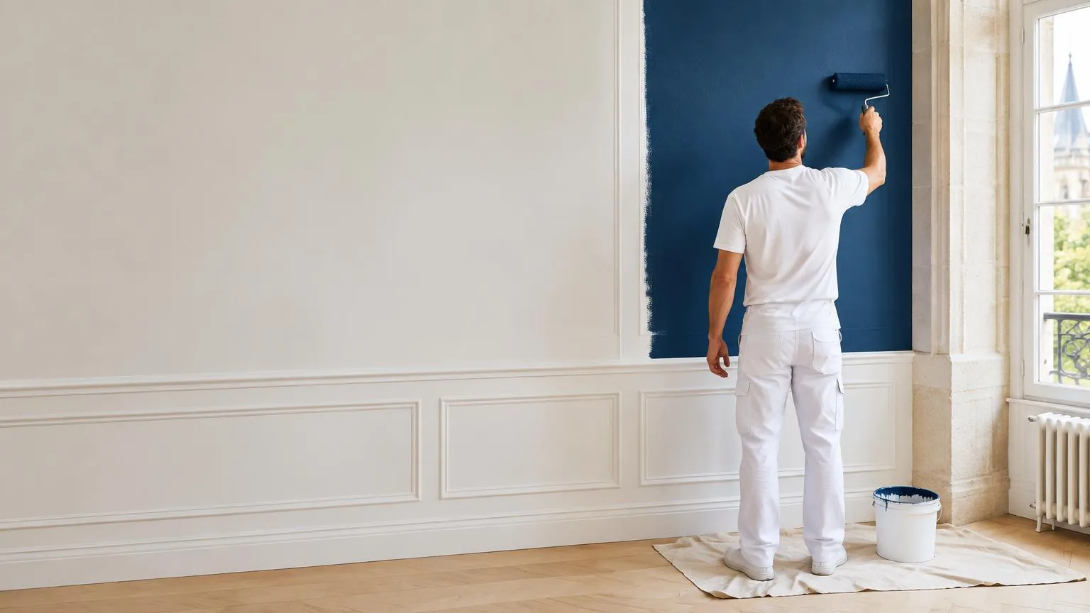 Illustration de peinture et décoration à Cholet : artisan de dos peignant un mur bleu