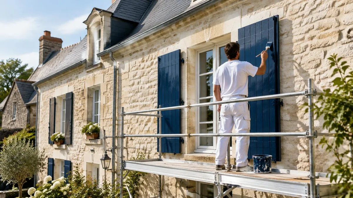 Illustration de l’entretien des bâtiments à Cholet : peinture des volets d’une maison en tuffeau