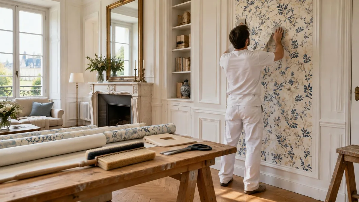 Illustration de la pose de revêtements à Cholet : papier peint décoratif dans un salon