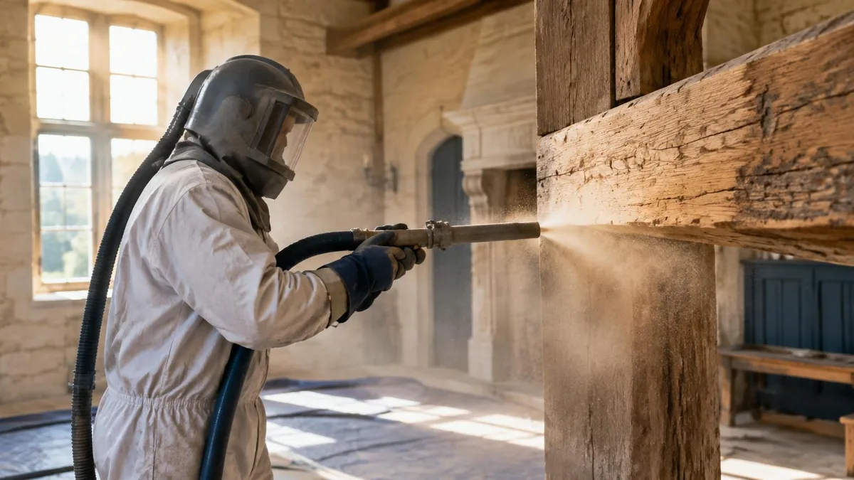 Illustration du sablage intérieur et extérieur à Cholet : artisan protégé décapant une poutre en bois